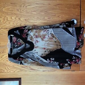 Simply French International black, red, Tan and white floral blouse